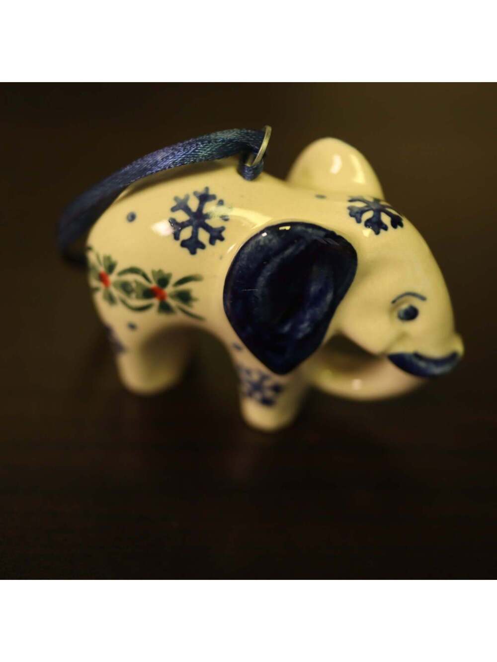 Polish Pottery Ceramic Elephant Christmas Ornament Hand Painted Snowflake Holly